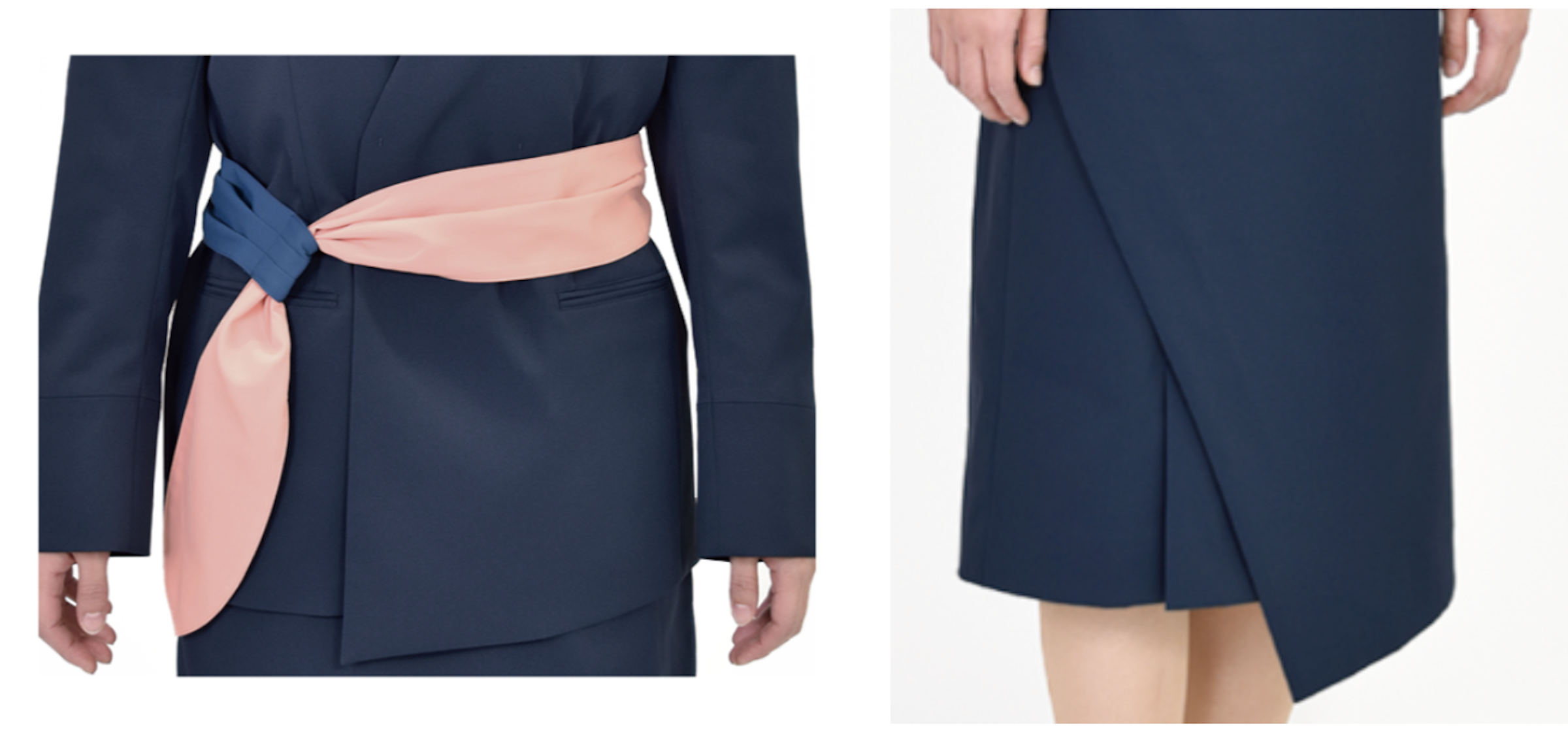 左：「結び」のディテールを表現した帯ベルト、右：「重ね」のディテールを表現したスカートの裾