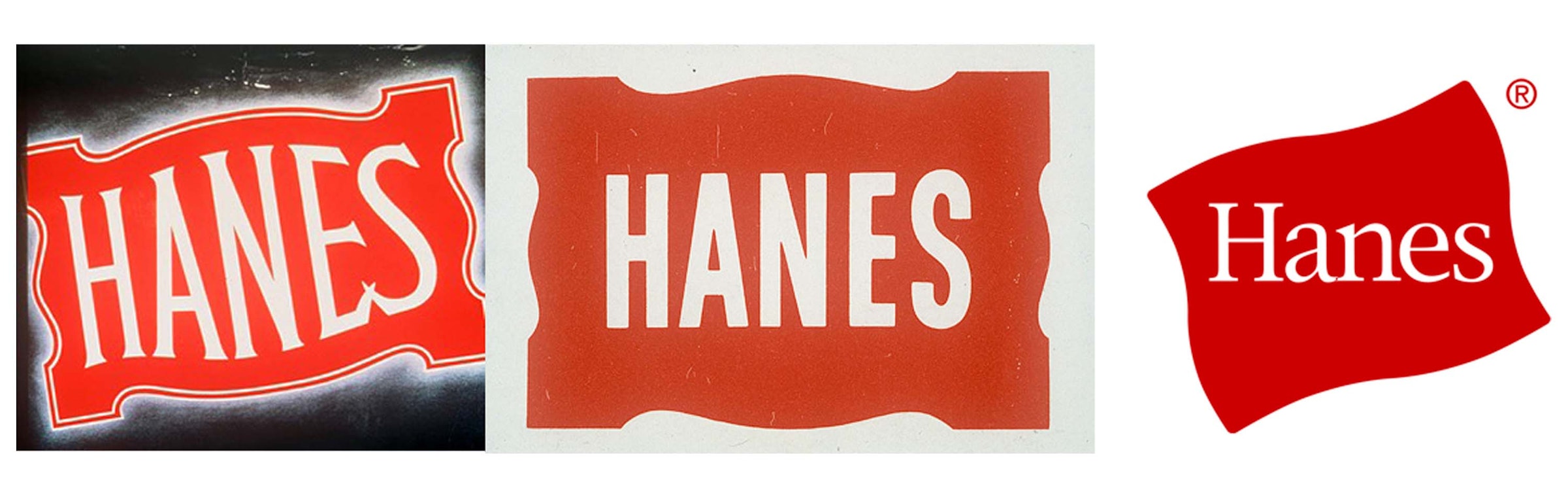 Hanesのロゴ　向かって左側から1924年、1950年、そして現在のもの