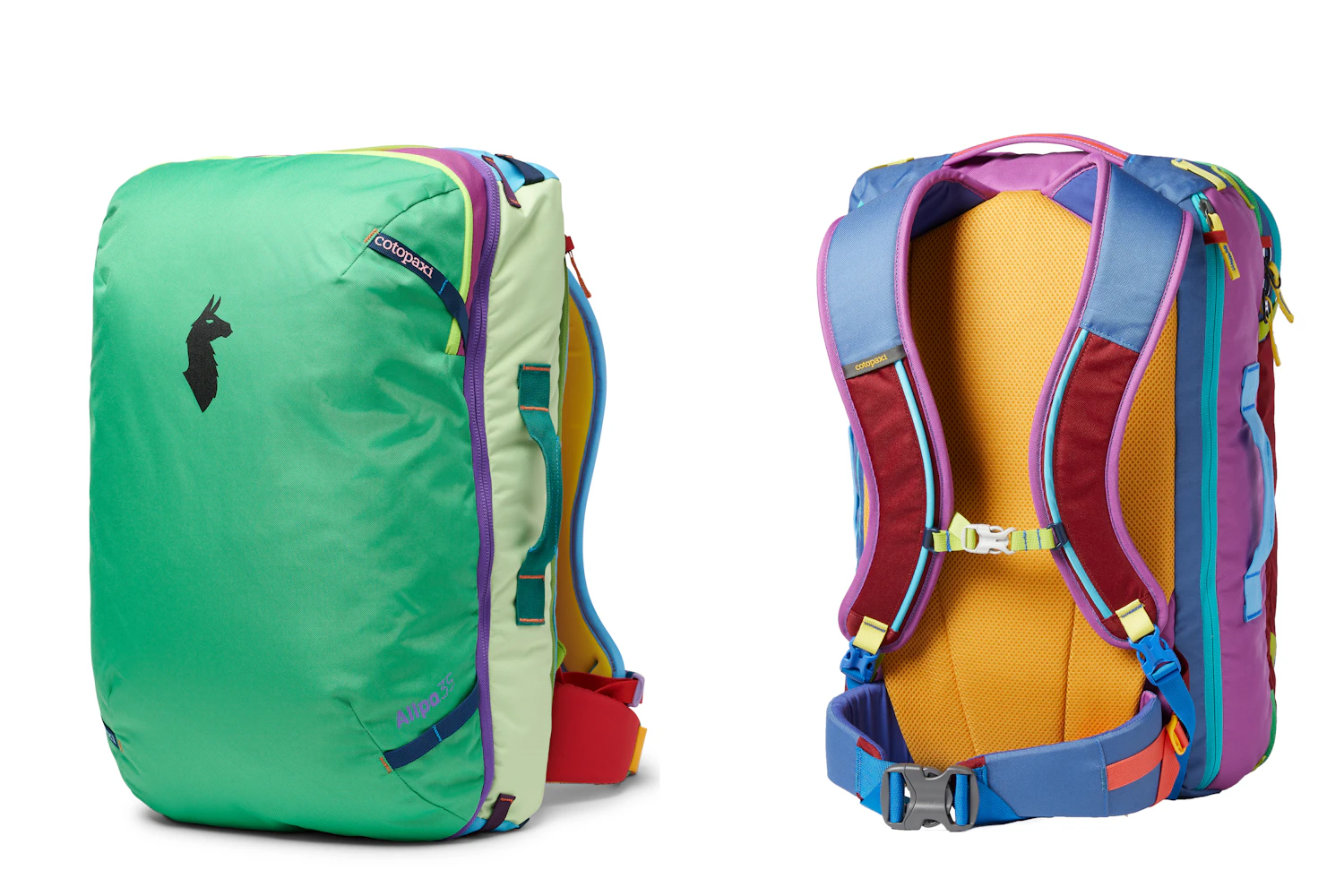The photo shows the ALLPA 35L TRAVEL PACK - DEL DíA for 29,700 yen (tax included). The 28L ALLPA 28L TRAVEL PACK - DEL DíA is 26,400 yen (tax included), and the 42L ALLPA 42L TRAVEL PACK - DEL DíA is 33,000 yen (tax included).