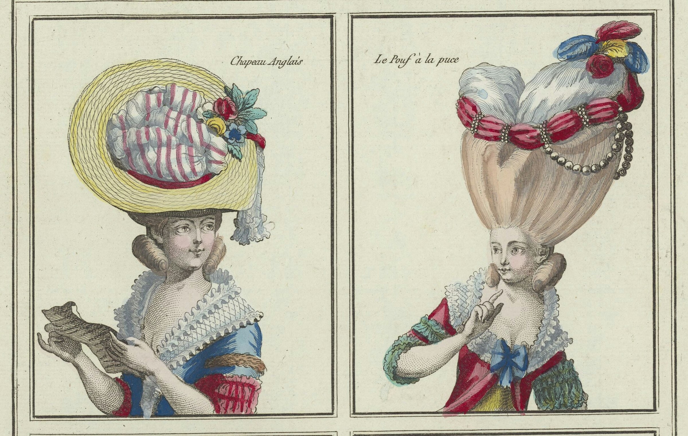 フランス革命直前のファッション・プレート版画。衣服のみならず、髪型と帽子も大きな関心事であった。「イギリス風」帽子とは、麦わら使用のもの（左）。宮廷風の盛り上げたヘアスタイル「プッフ・ア・ラ・ピュス」（右）C. Desrais, P.T. Leclerc et al., 5e Cahier des Costumes Français pour les Coeffures depuis 1776 [gravé par N. Dupin, E. Voysard et al.] 1778-1787.