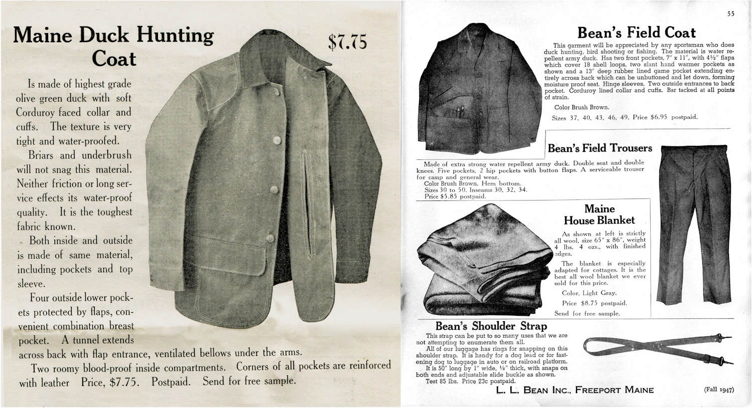 [Left] "Maine Duck Hunting Coat" featured in the 1924 catalog / [Right] Renamed to "Field Coat" in the 1947 catalog