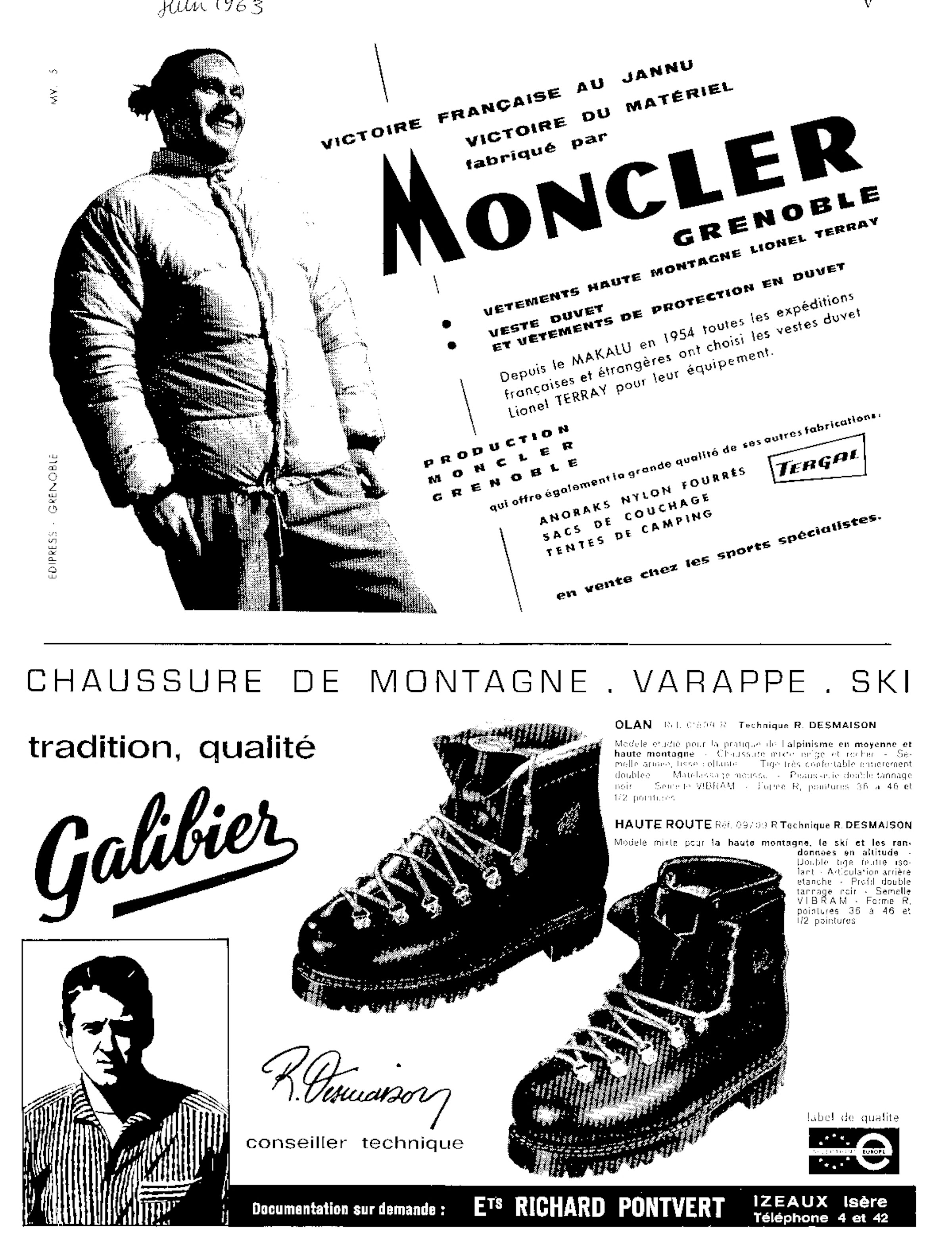 1960年代の広告には、1962年にジャヌー北壁登頂を果たしたフランス人登山家、ロベール・パラゴ氏の姿とサインが掲載されている