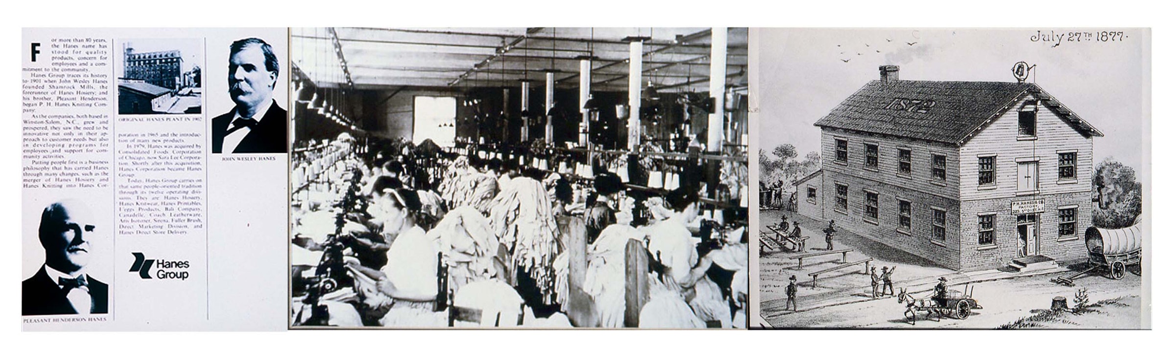 写真向かって左側下がプレザント・ヘンダーソン・ヘインズ氏　上がジョン・ウェスレイ氏／写真中央が工場の様子／写真向かって右側がタバコ工場を改造した縫製工場