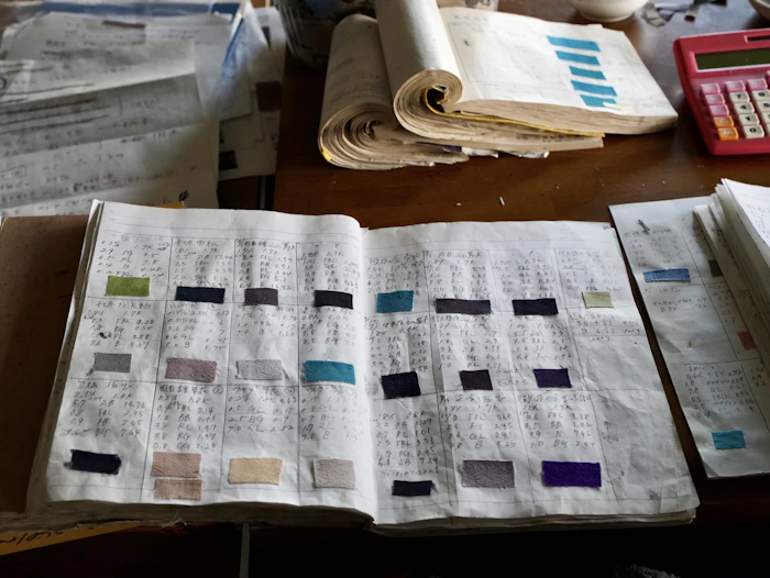 色の組み合わせを記録しているノート。膨大な数の色の調合レシピがあるという