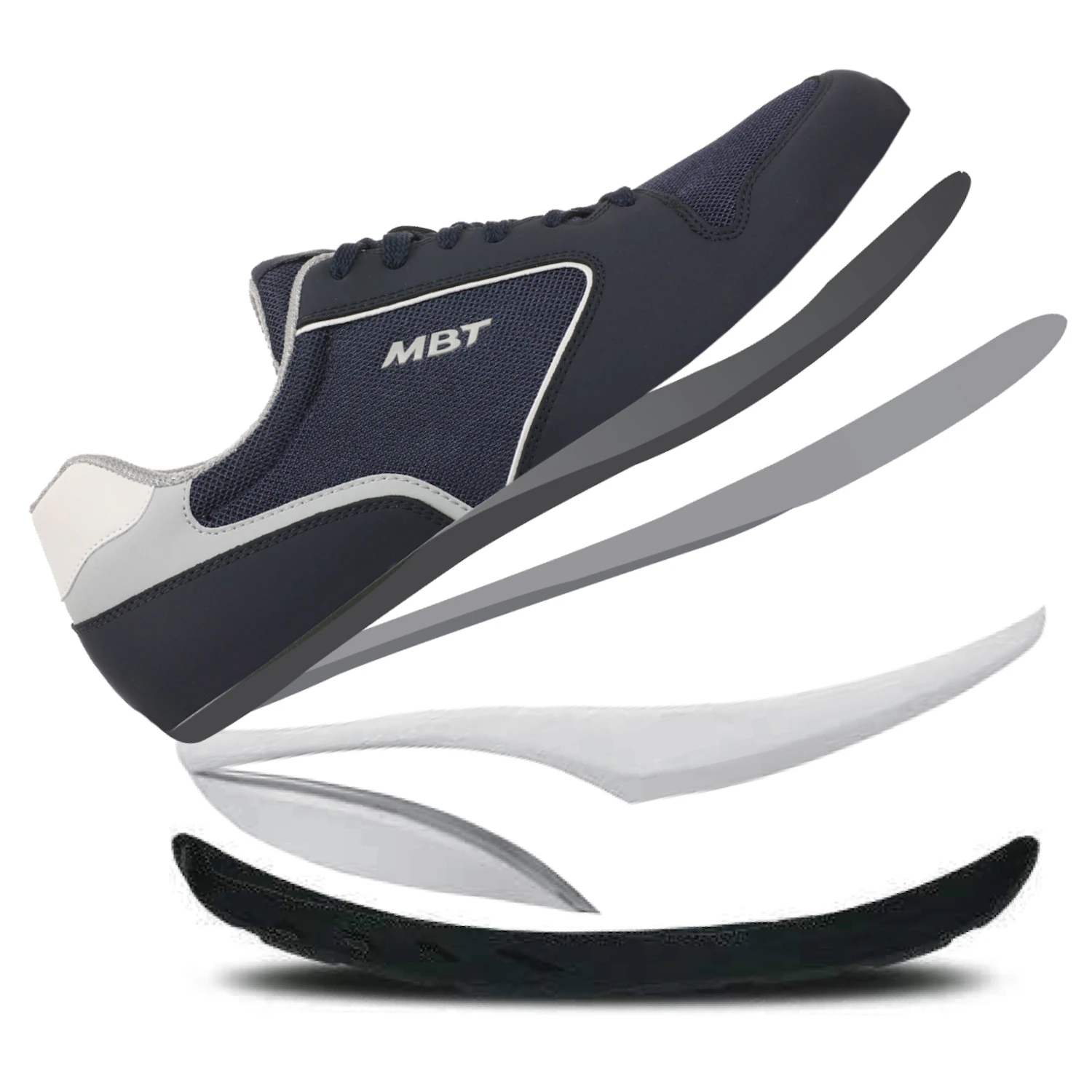 The sole unit consists of a 5-layer structure, including the insole, multifunctional shank (lasting board), midsole with Pivot Axis, MBT Sensor Technology, and outsole.