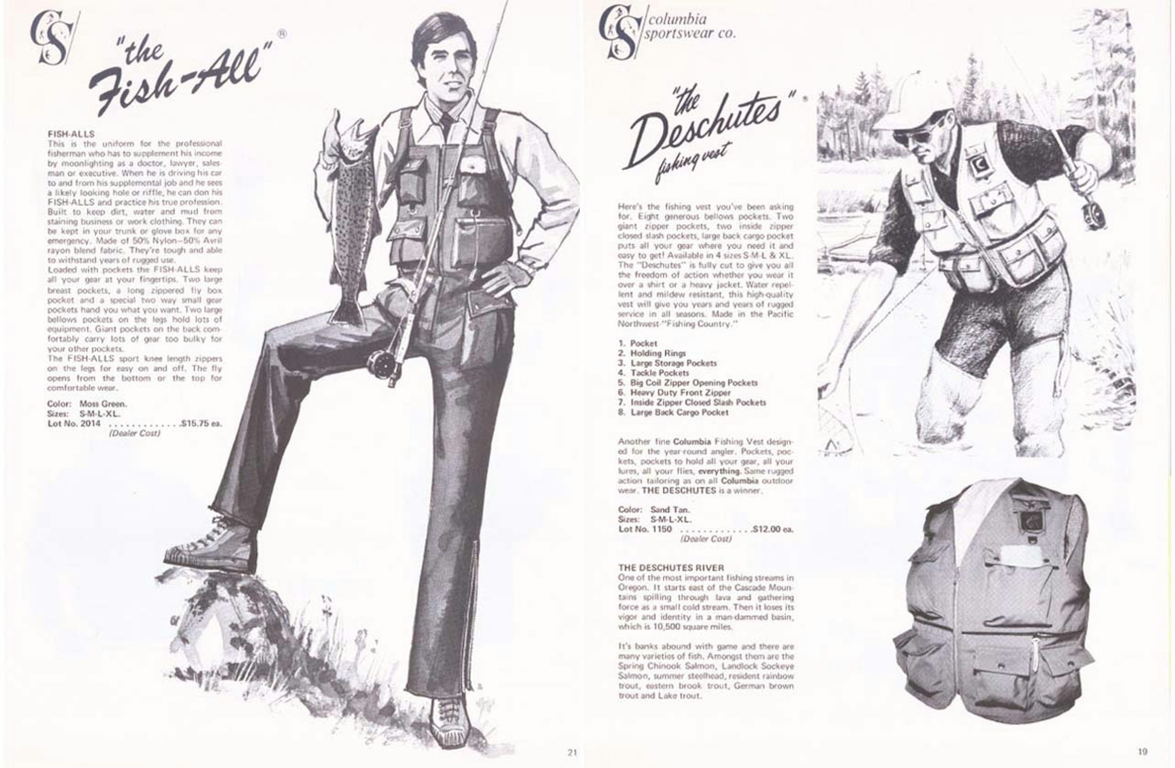 Old advertisement of fishing vest. The image to the left shows the use of loops for rods.