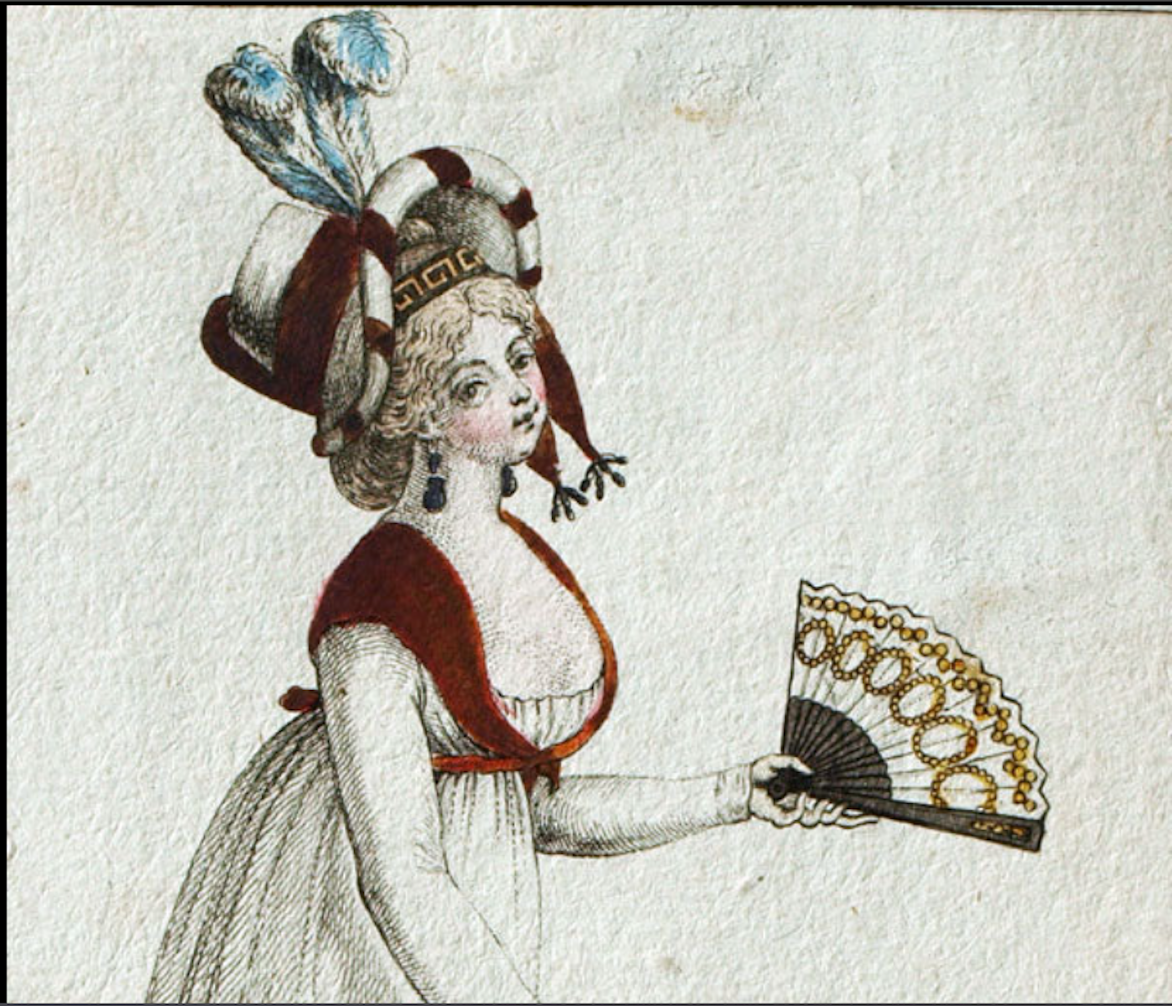 「パリの衣装」『ジュルナル・デ・ダム・エ・デ・モード（婦人流行新報）』1797年版より。(Costume Parisien, Journal des dames et des modes, 1797 gravure n°8)。この頃、フランスは政情不安定が続き、ナポレオンが名声を高めていく。ナポレオンが求めた古代ギリシア的なインスピレーションが女性の衣装に既に現れている。