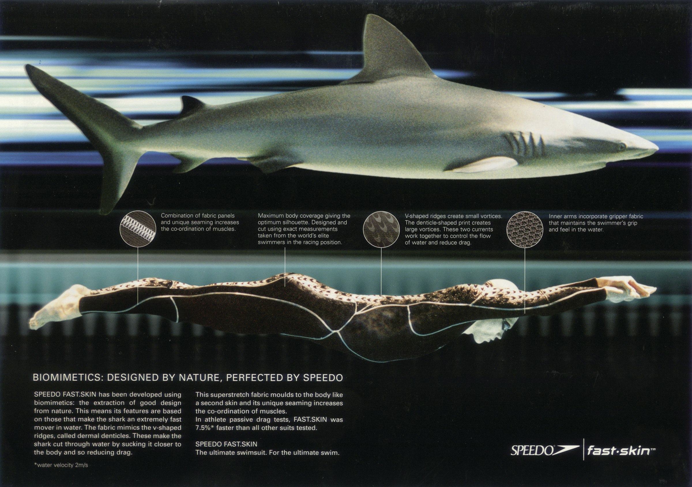The promotional material of 'FASTSKIN®', which was released before 'LZR Racer®. The image of a shark was used, reflecting the shark skin-inspired design. The innovation at that time was to cover the hands and feet like a wetsuit to minimize water resistance and maintain a straight posture underwater.