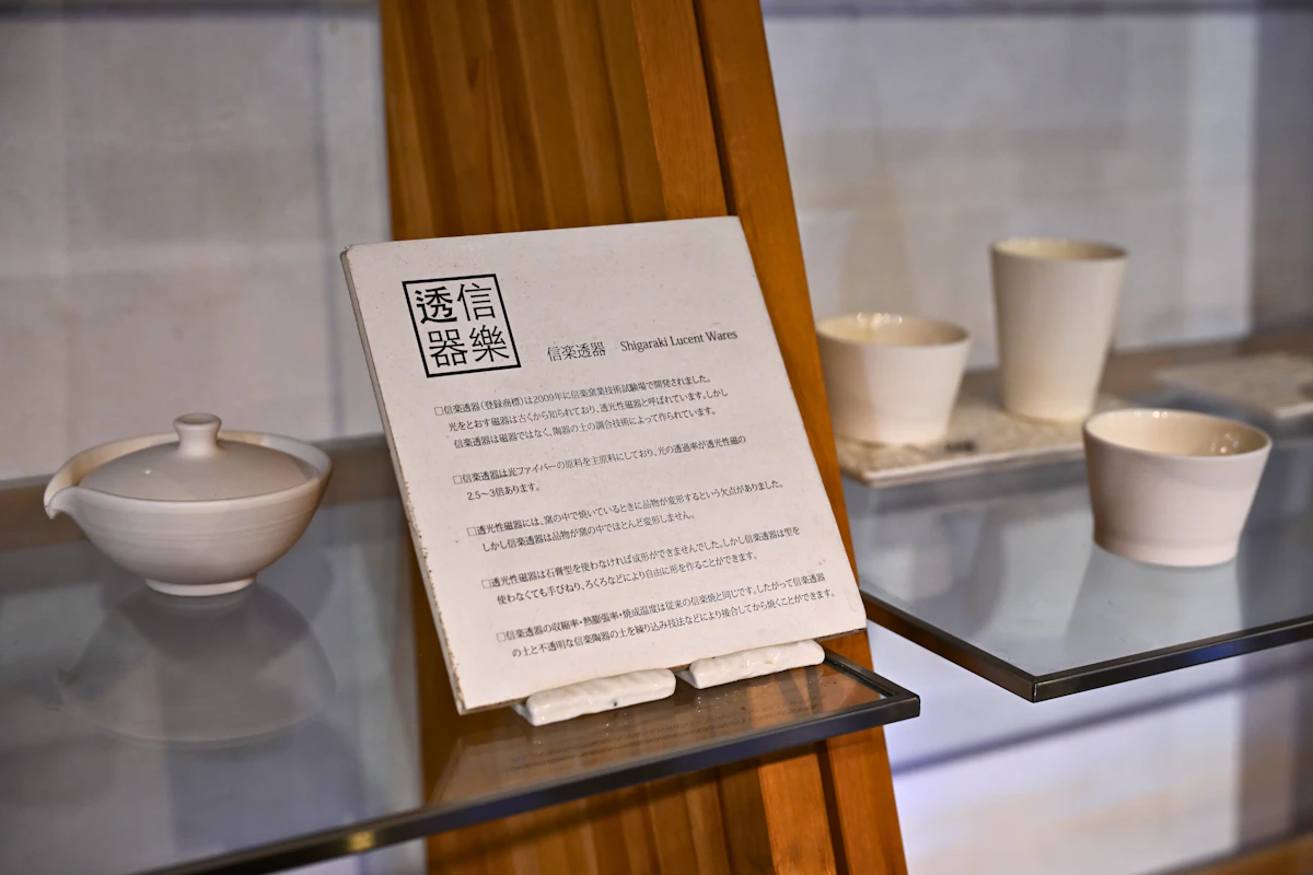 「窯業試験場」と職人の共同開発により生まれた「信楽透器」。光ファイバーの原料を主原料としており、光の透過率が高いのが特長。