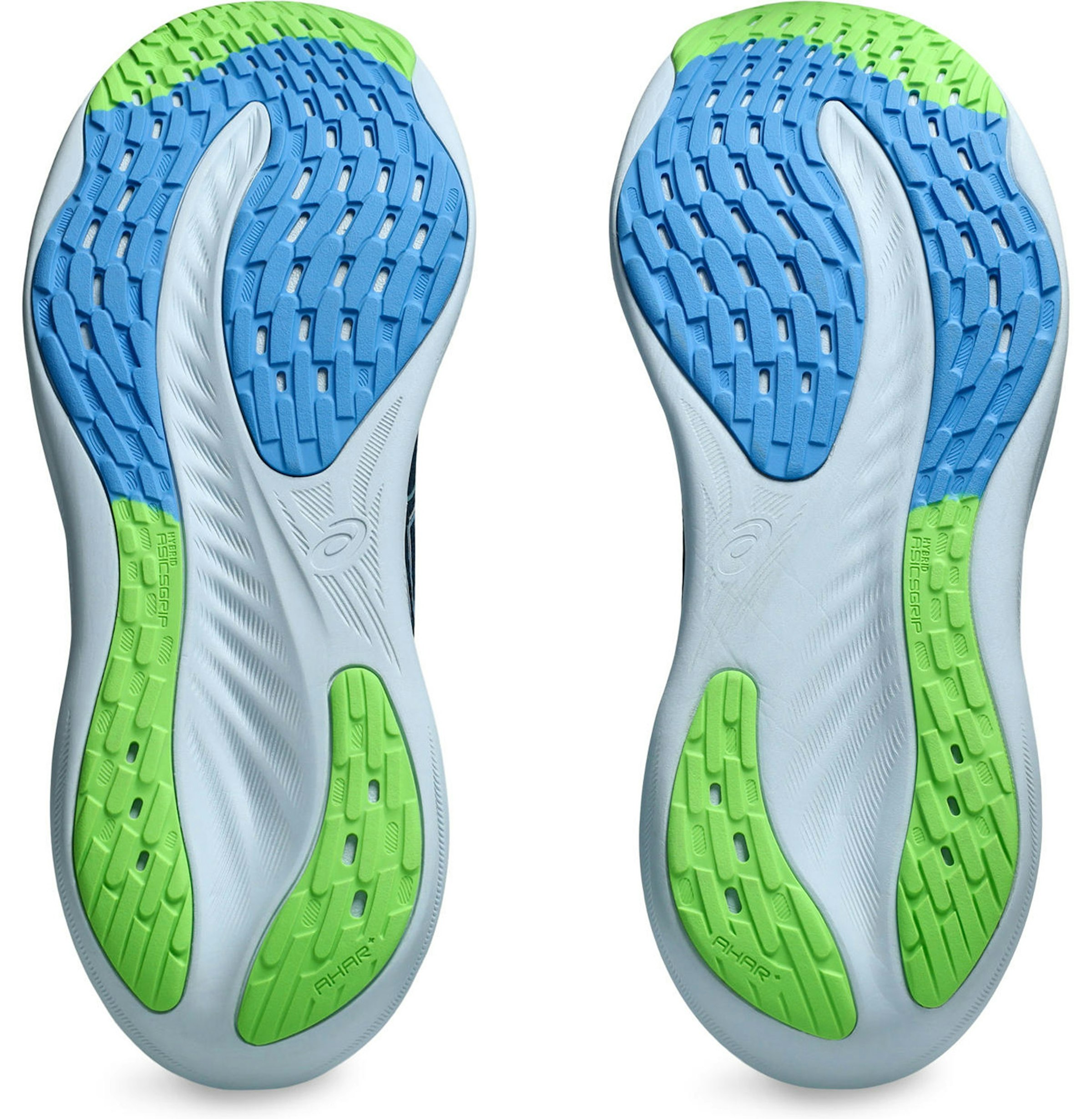 The outsole is connected on the little toe side. The blue part is the high-grip ASICSGRIP, and the green part is the abrasion-resistant AHARPLUS.