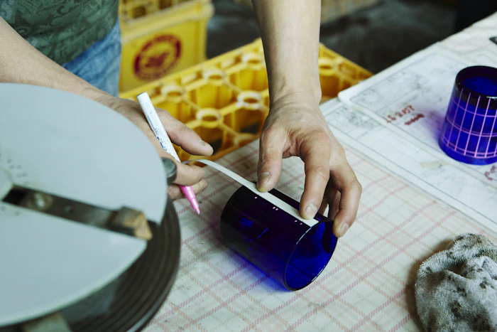 江戸切子の製作、割り出し（これからカットする模様の基準となる線を引く）工程<br>画像提供：江戸切子協同組合