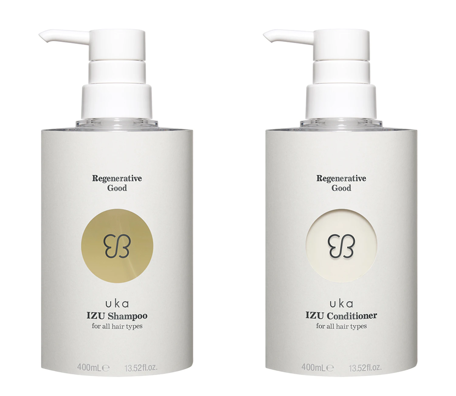 [Left] "uka IZU Shampoo for all hair types," 400ml 4,620 yen (tax included) [Right] "uka IZU Conditioner for all hair types," 400ml 4,950 yen (tax included)