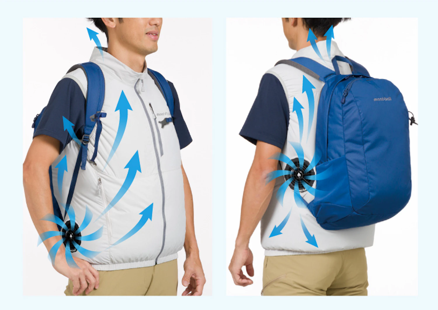 Even while wearing a backpack, the wind circulated by the asymmetrically positioned fans moves efficiently.