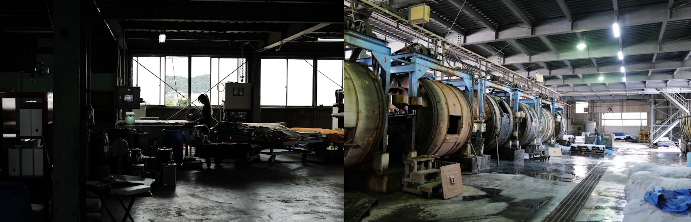 写真左：1966年に創業したごとう製革所は、革本来の風合いや香りを生かした素上げ革の名手として知られる。写真右：工場内にはタイコと呼ばれるドラムマシンがずらりと並ぶ。革の染色もこのマシンで行う