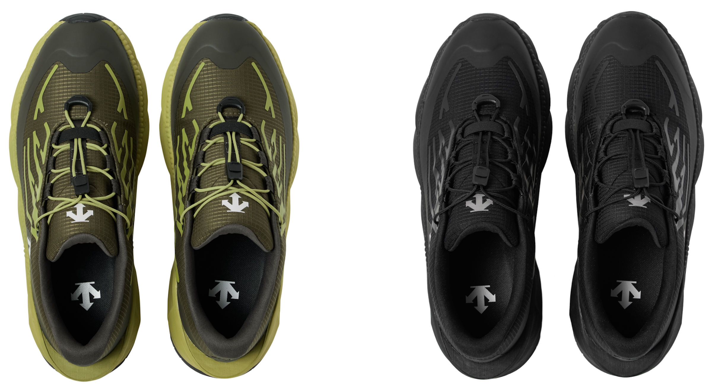 「モジュラライズ ハイドロ」の幅広のラストは、上から見るとわかりやすい。左からブラック×グレー、グリーン×グレー。先のブラック×シルバーと合わせて全3色で展開する。各26,400円（税込）