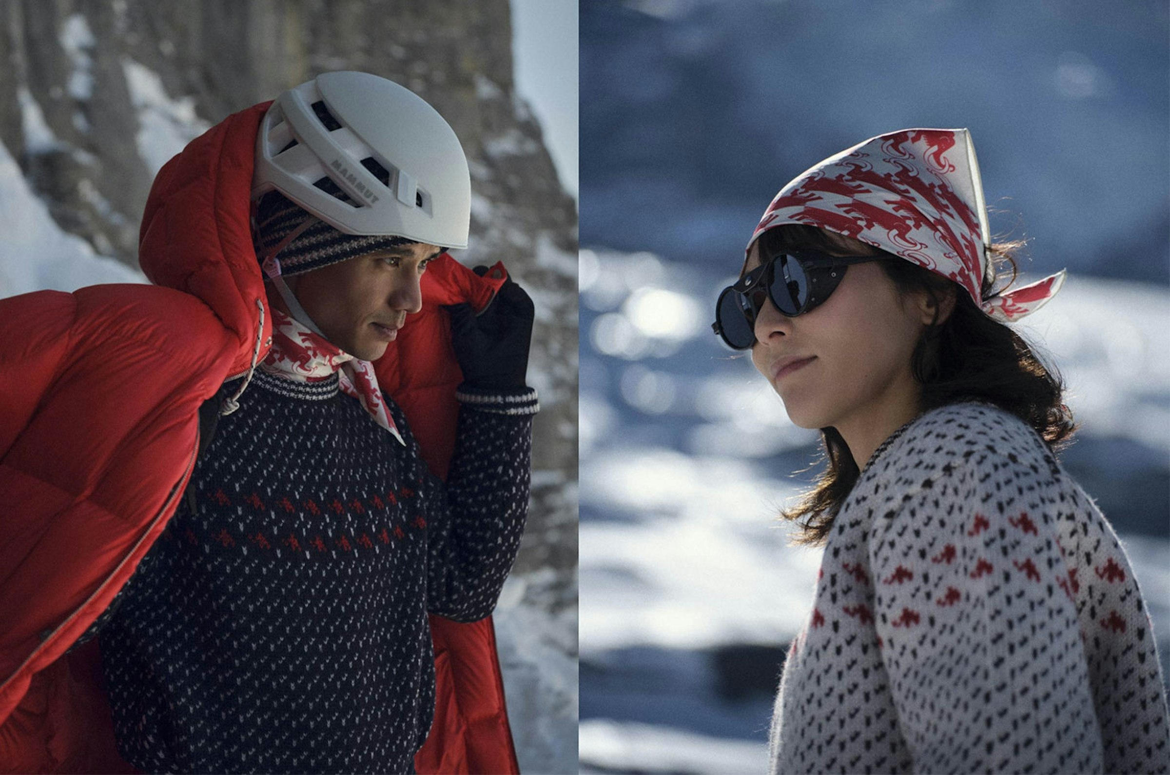 着用シーン。頭に巻いているスカーフも当時の登山隊が着用していたものからインスパイアされたものになっている