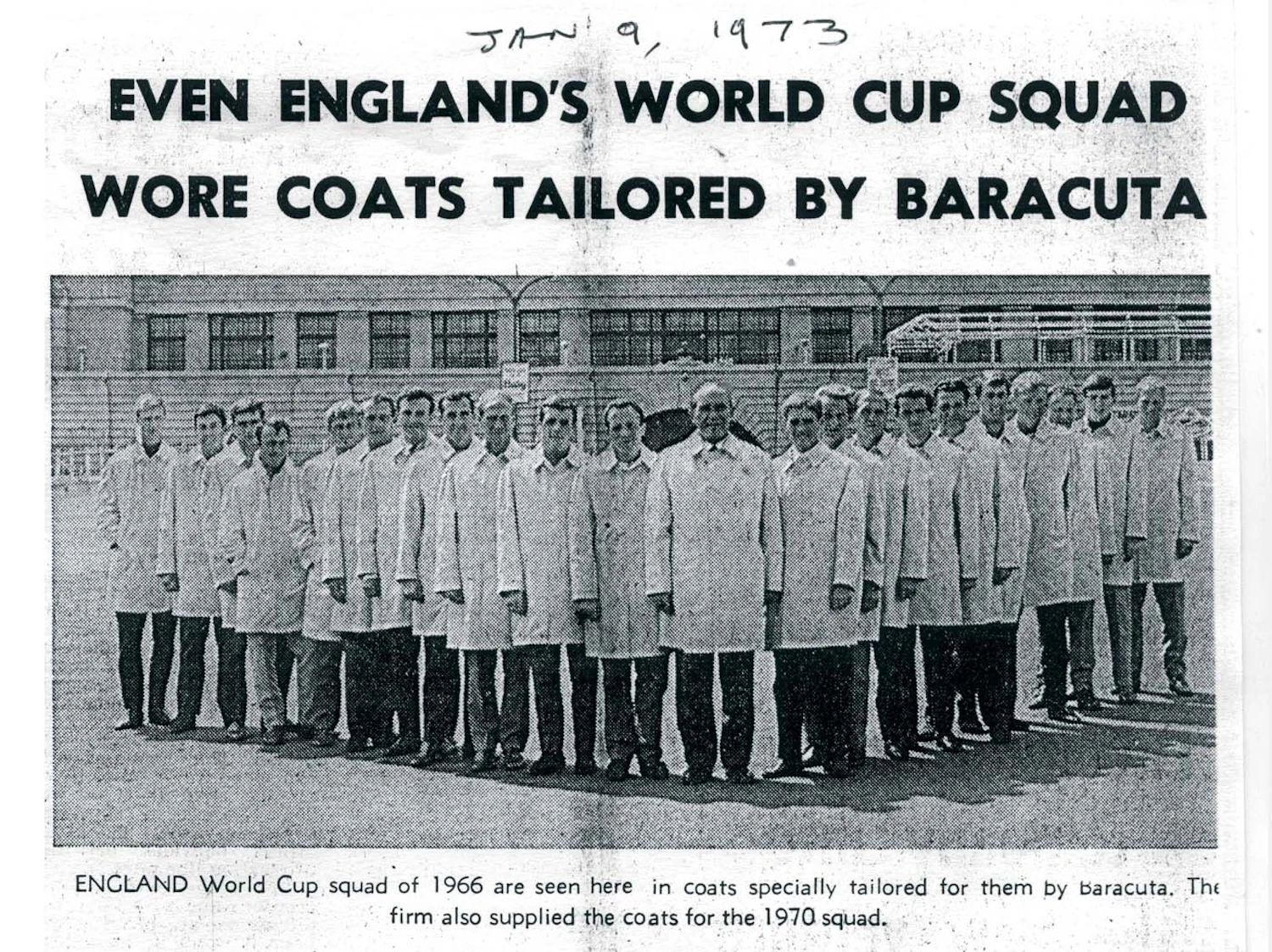 1973年のワールドカップのイングランド代表の写真。彼らが着ているものが現在ラインナップから外れているG10というモデルでG12に近いディテールをしている