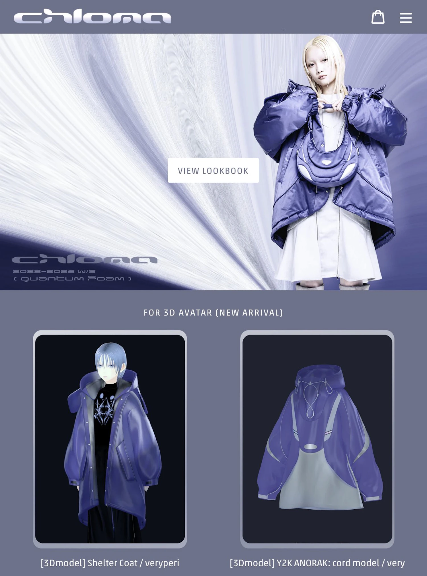 chloma official web store イメージビジュアル。フィジカルの服とバーチャルウエアが併売されている