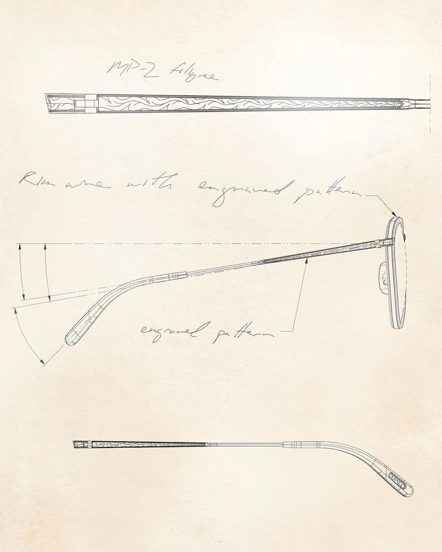 Engraving on the temple part and a side view of the metal frame design