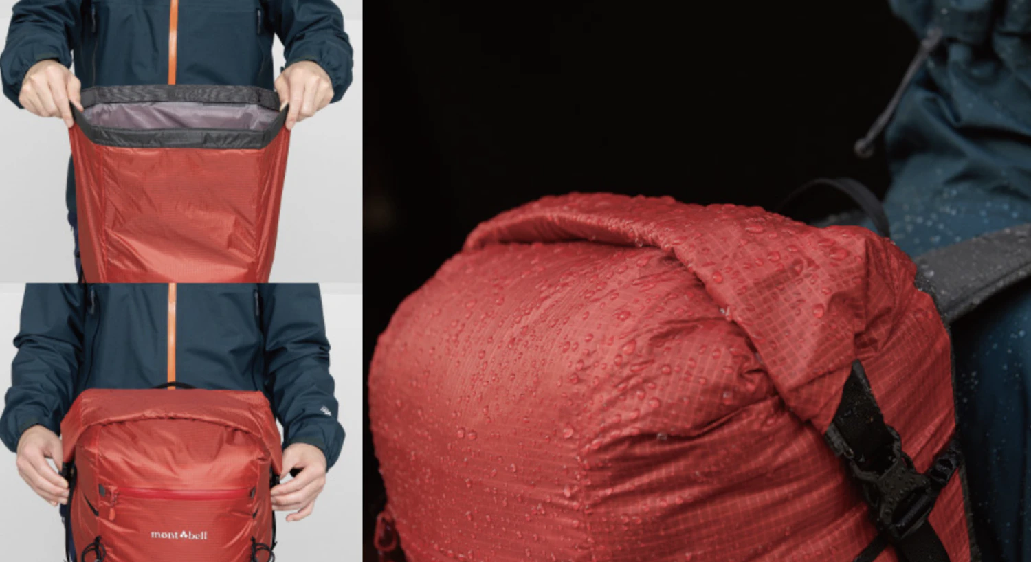 開口部は巻いて留めるロールトップ式。パーツが少ないため、故障が少ない点もメリット