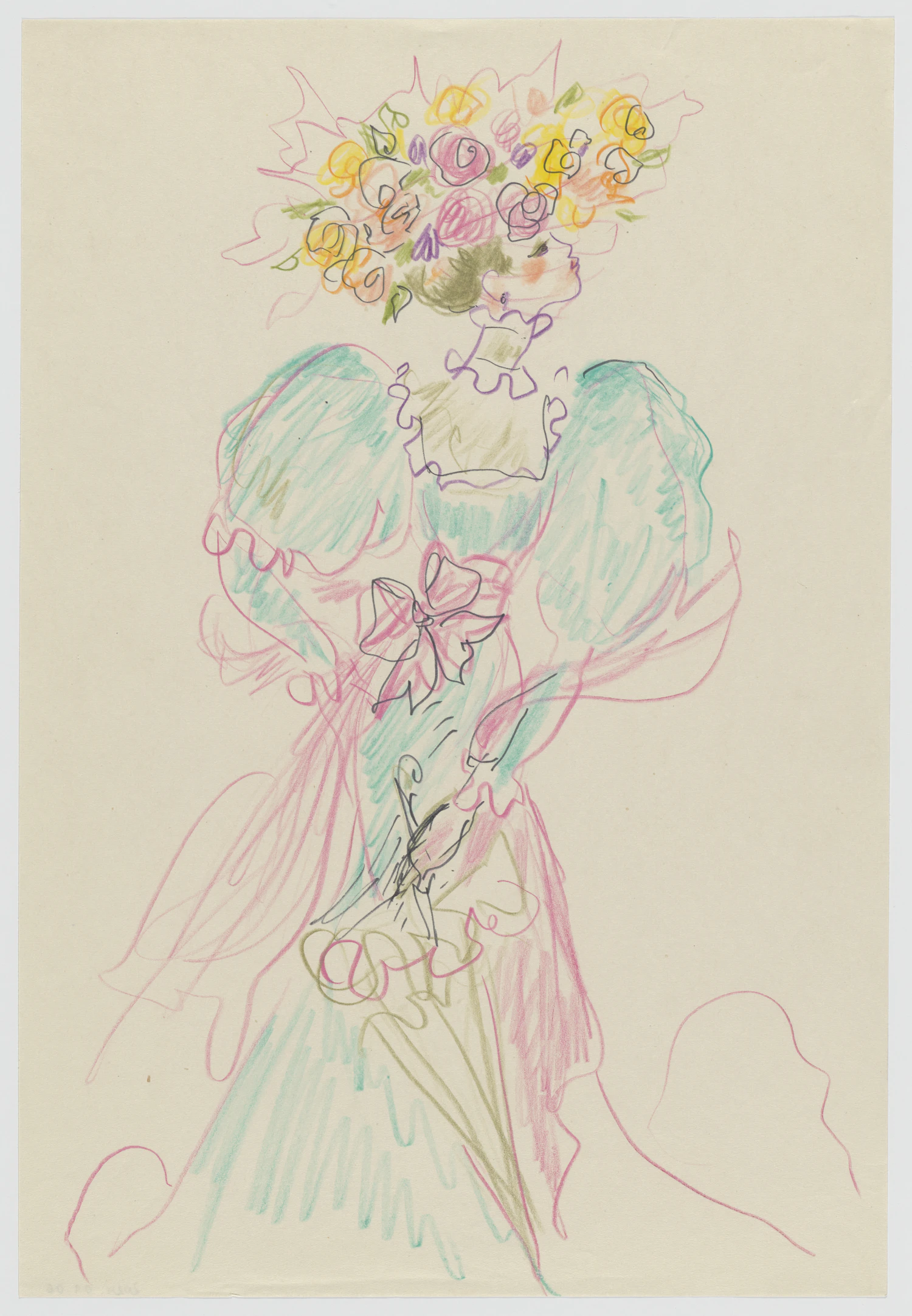 Croquis de femme portant une coiffe en fleurs, 1976, Crayons de couleur sur papier, chaque dessin : 30,8 × 21 cm 