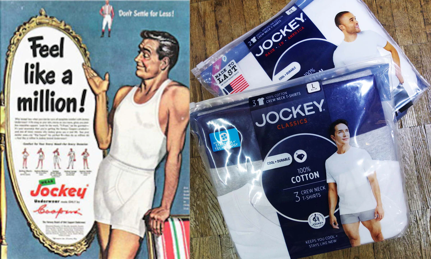 いわゆるパックＴの先駆けとして売れた『JOCKEY』の下着。70年近く前から扱い続けている商品のひとつで、今もアメリカで生産されており、変わらぬ人気を誇る。<br>左は1950年代頃のパッケージ