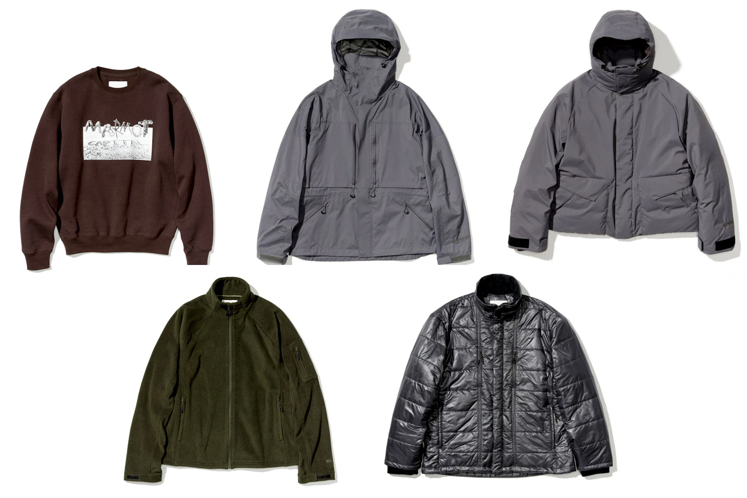 The lineup increases in cold resistance levels<br> <br> Photo: Top left LEVEL2 DRIFTWOOD CREW SWT, 22,000 yen (tax included)<br> Photo: Center top LEVEL5 WINDSTOPPER CERTIFIED UTILITY JACKET, 62,700 yen (tax included)<br> Photo: Top right LEVEL6 WINDSTOPPER LIGHT MAMMOTH JACKET, 66,000 yen (tax included)<br> Photo: Bottom left LEVEL4 POLARTECH FLEECE JACKET, 28,600 yen (tax included)<br> Photo: Bottom right LEVEL5 TOWNPUFF JACKET, 35,200 yen (tax included)<br>