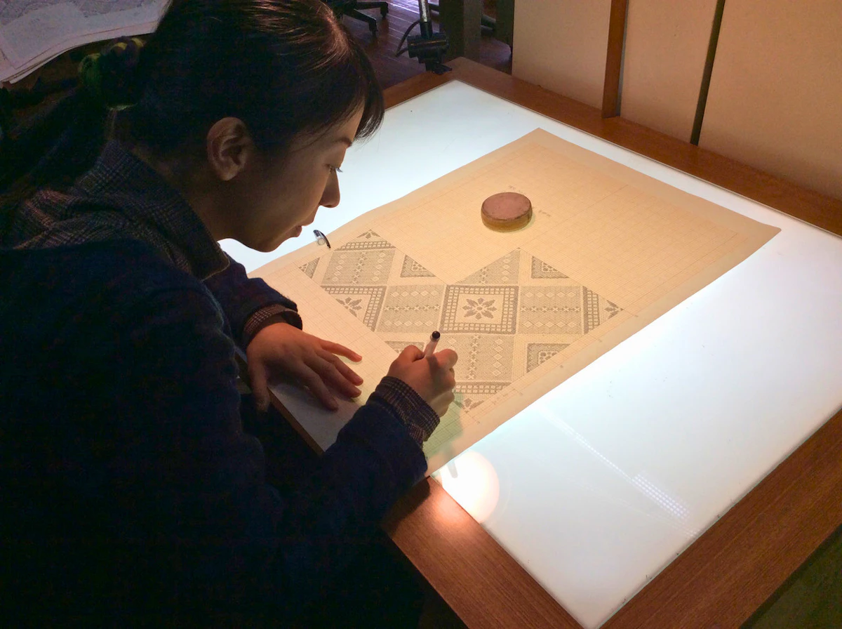 図案に絣模様を描き込む「図案設計」の様子。<br>画像協力：有限会社はじめ商事