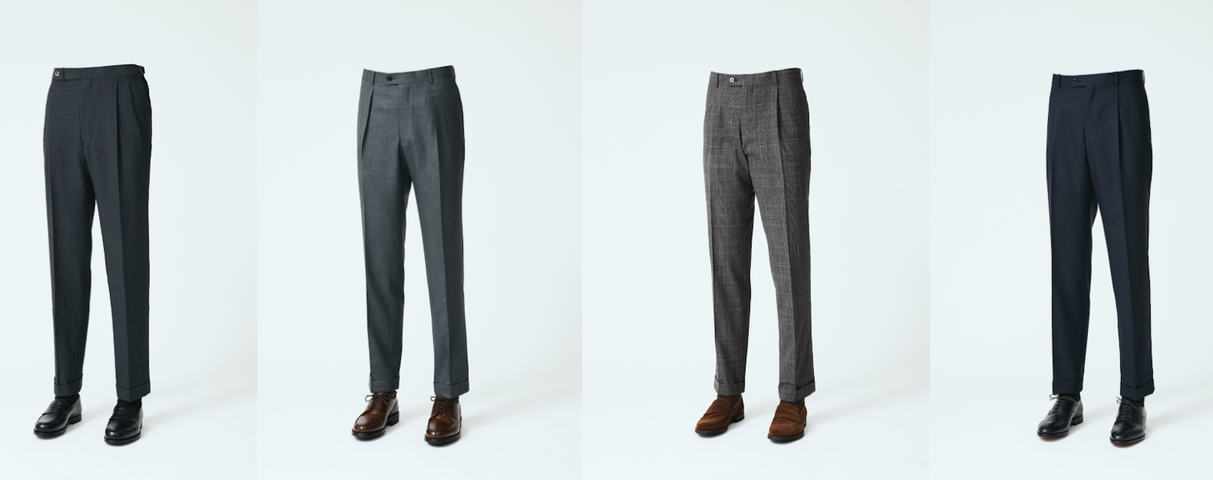 オーダーなので、ウエストや膝幅、裾幅のサイズ調整や、タックの有無等のデザインも可能