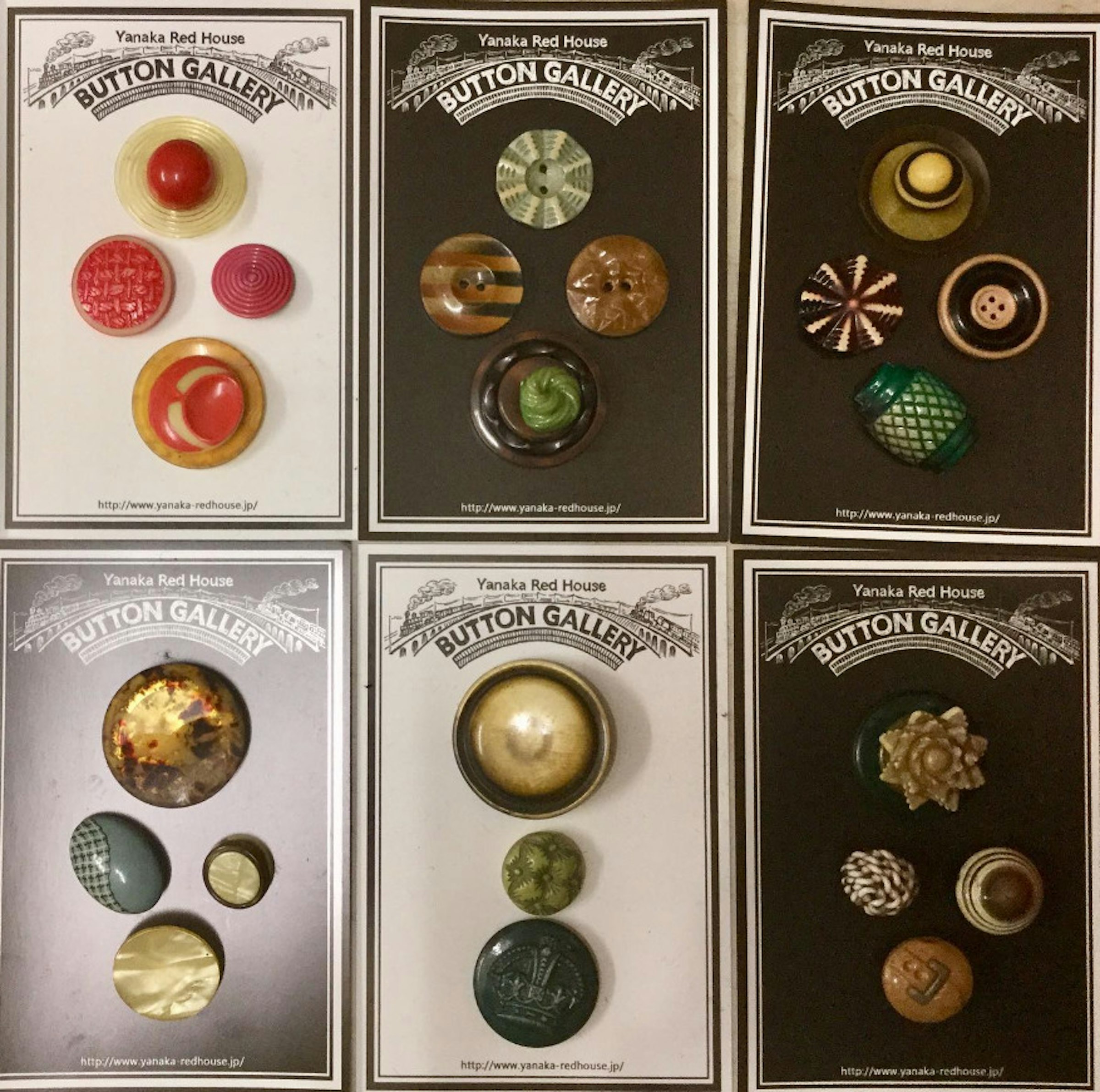Celluloid buttons from mid-20th century. Products from an era where designs were varied and playful