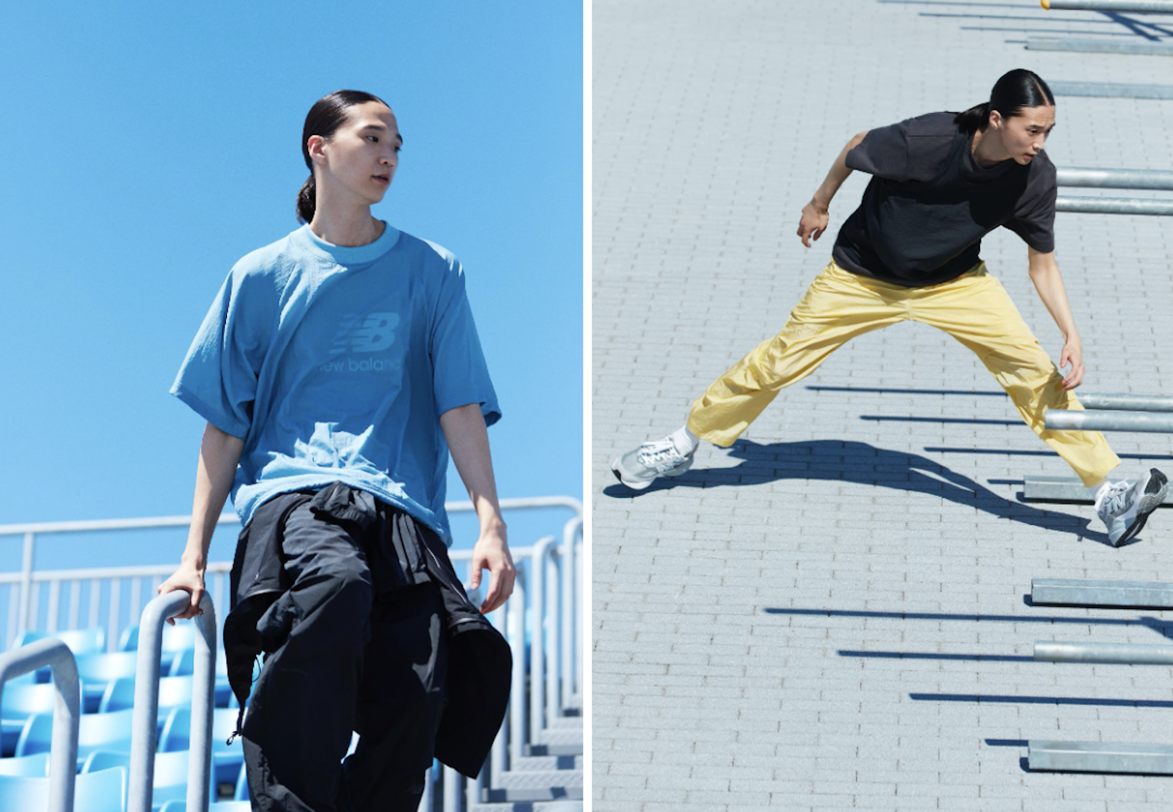 左「NB Grey Woven T-Shirt」11,990円 （税込）、「NB Grey Full Zip Jacket」24,200円（税込）、「NB Grey Pant」16,940円（税込）、右「NB Grey T-shirt」6,930円（税込）、「NB Grey Pant」16,940円（税込） 、「Made in USA 990v6」39,600円（税込）