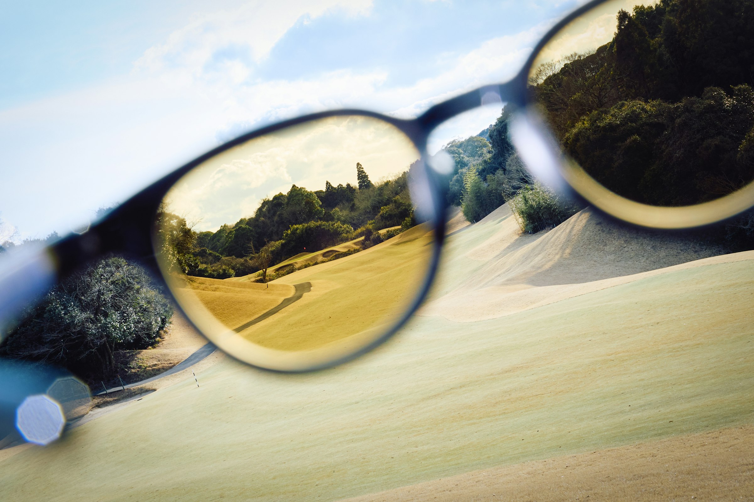 グリーンの起伏や芝目を際立たせる、ブラウンレンズ越しの視界