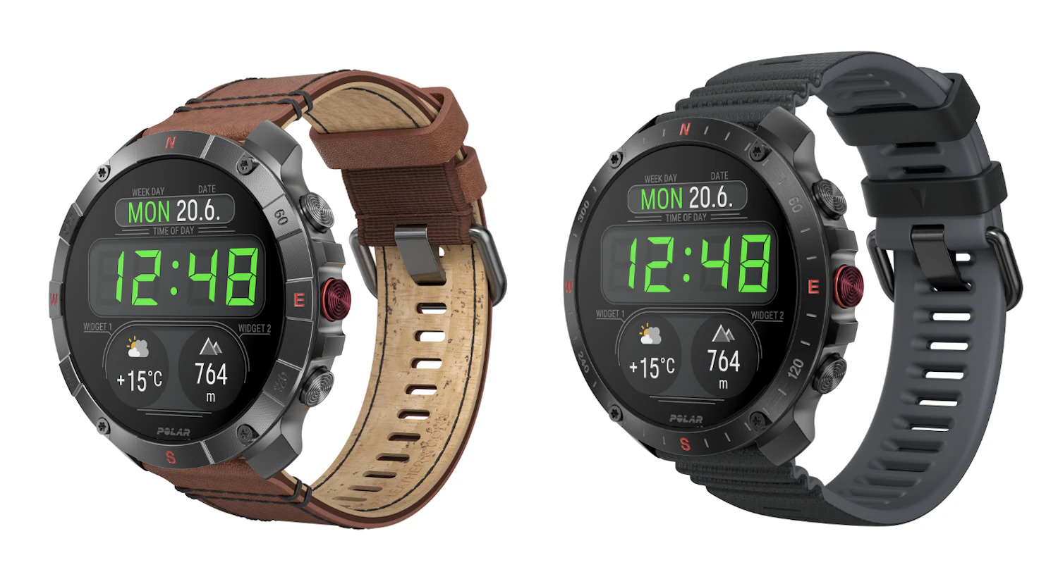 左／チタンケースモデル「Grit X2 Pro Titan」には、シリコンバンドのほか、レザーリストバンドが付属する。140,800円（税込）、右／ナイトブラックカラーのステンレスモデル「Grit X2 Pro」は、シリコンリストバンドのみが付属。121,000円（税込）。ケース素材以外のスペックは同じ。直径48.6mm×厚さ13.4mm。100m防水