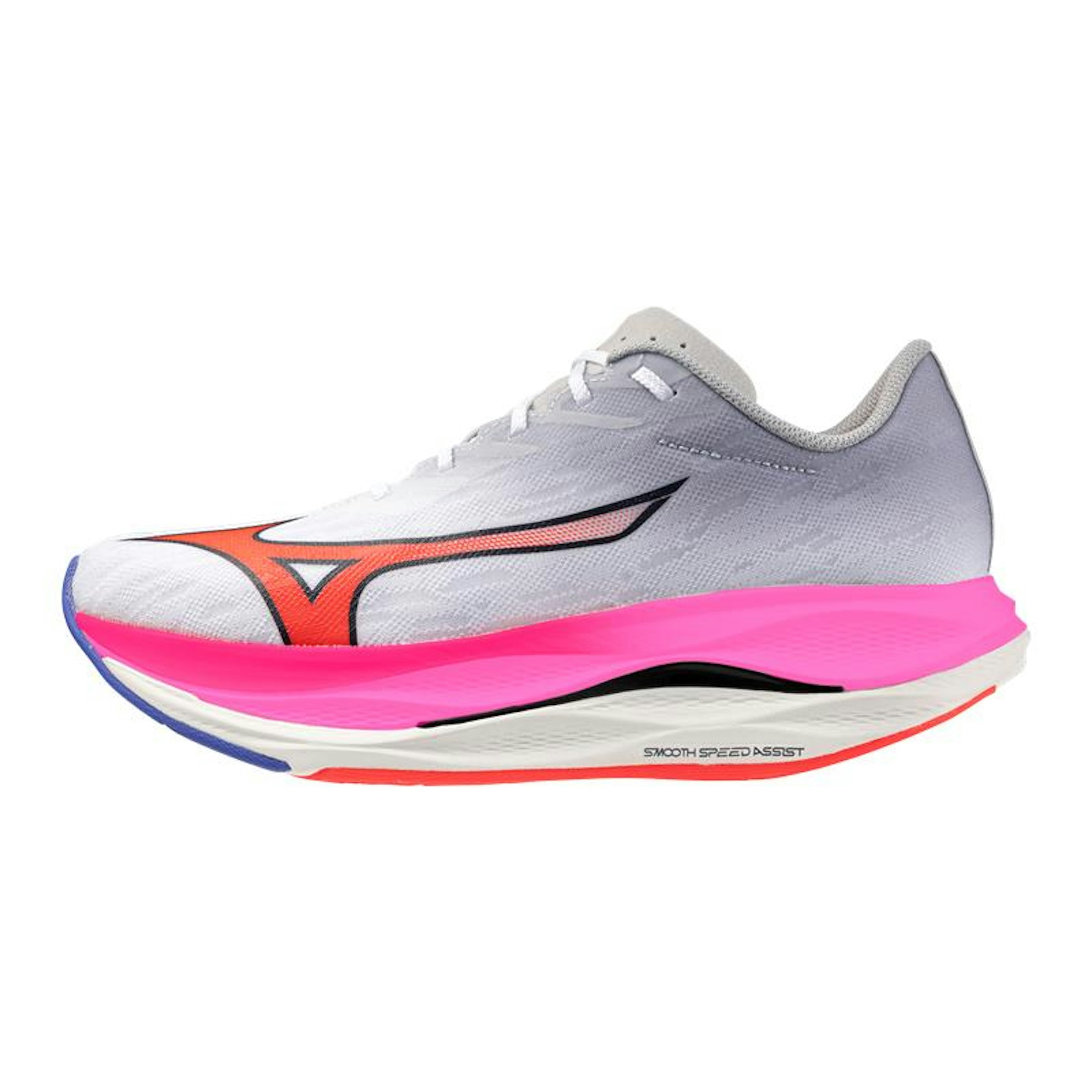 トップミッドソール（ピンクの部分）には、ミズノのトップレーシングモデルにも使われているMIZUNO ENERZY XPを採用