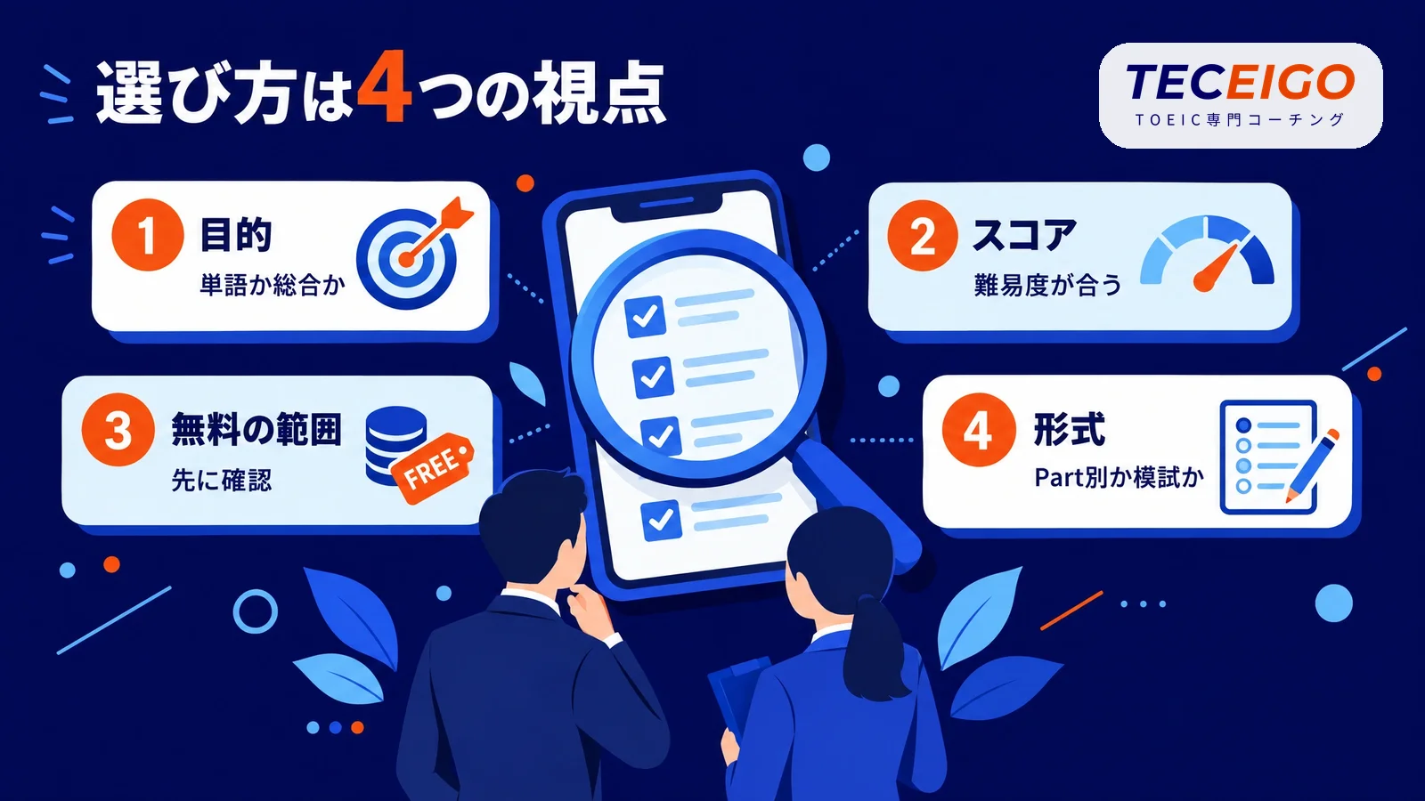 TOEICアプリの選び方4つ:目的・スコア・無料の範囲・問題の形式