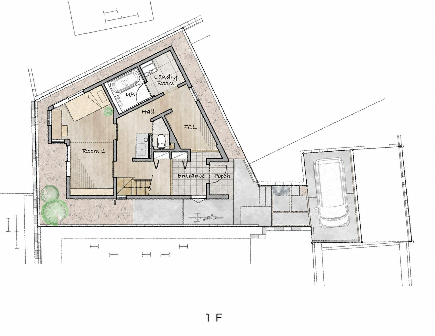 旗竿地・変形地に建つ住宅の1F平面図