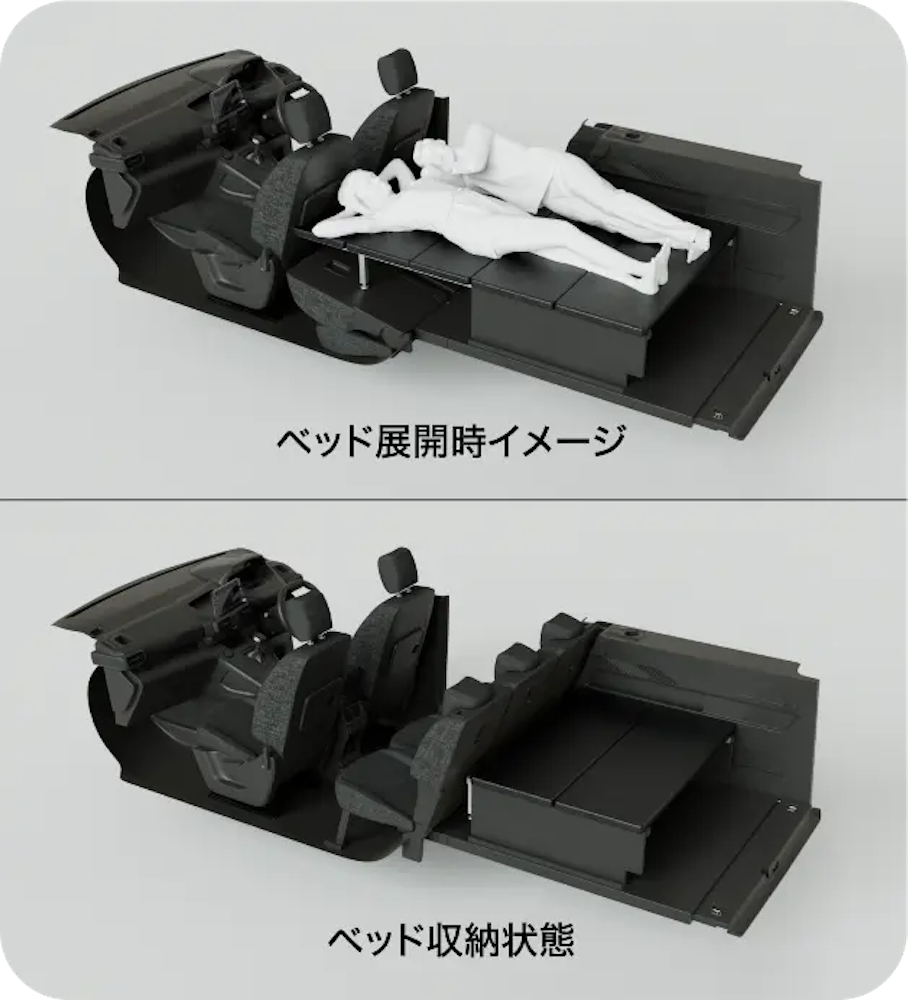 <p>専用アクセサリー「Agre Storage &amp; Bed Kit」を設定。ラゲッジルームに設置するだけでストレージモードと車中泊対応のベッドモードの2パターンが使用可能。展開時のベッドサイズは縦1,800mm×幅1,200mmで、大人2名の就寝が可能。5人乗り・7人乗り双方対応。</p>