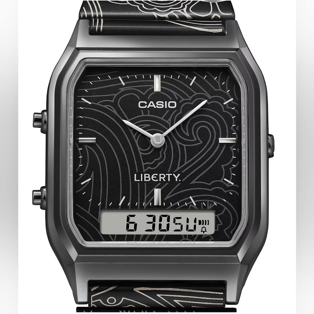 <p>アナログとデジタルを組み合わせた角型フェイスが特徴。1本で時間確認もタイマー利用も可能。カレンダーやアラームなど、日常で役立つ機能も搭載。</p>