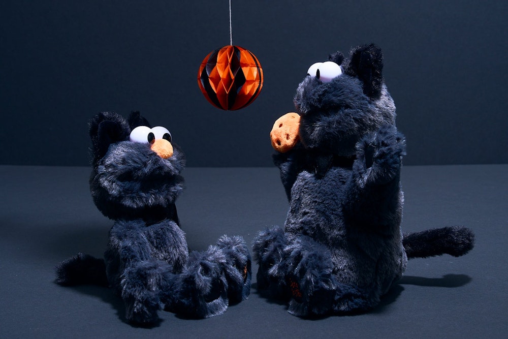 <p>ハロウィン限定のエルモとクッキーモンスターのぬいぐるみ。黒猫の仮装で、オレンジの鼻と足裏の刺繍がアクセント。ふわふわの手触りで、インテリアやギフトに最適。</p>