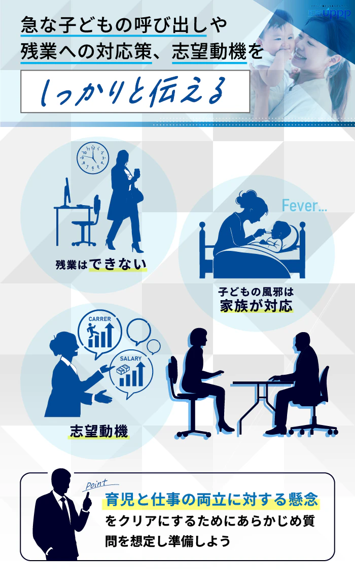 急な子供の呼び出しや残業への対応策、志望動機をしっかりと伝える