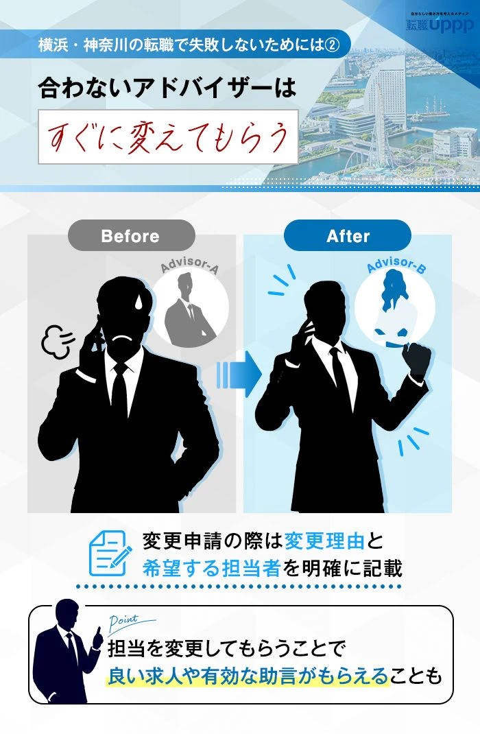 横浜・神奈川の転職で失敗しないためには2:合わない担当アドバイザーはすぐに変えてもらう