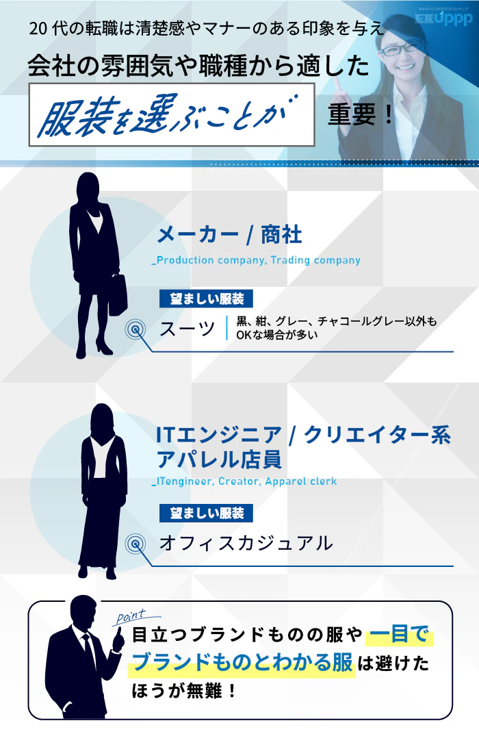20代の転職は清楚感やマナーのある印象を与え、会社の雰囲気や職種から適した服装を選ぶことが重要!