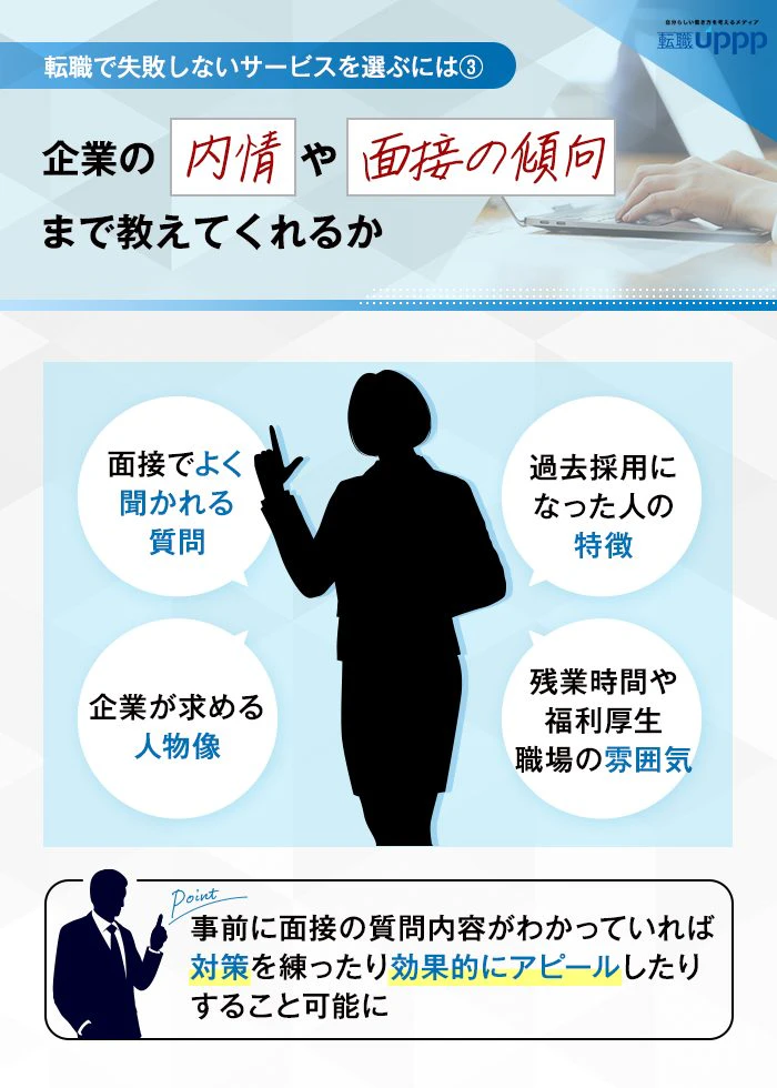 転職で失敗しないサービスを選ぶには③　企業の内情や面接の傾向まで教えてくれるか