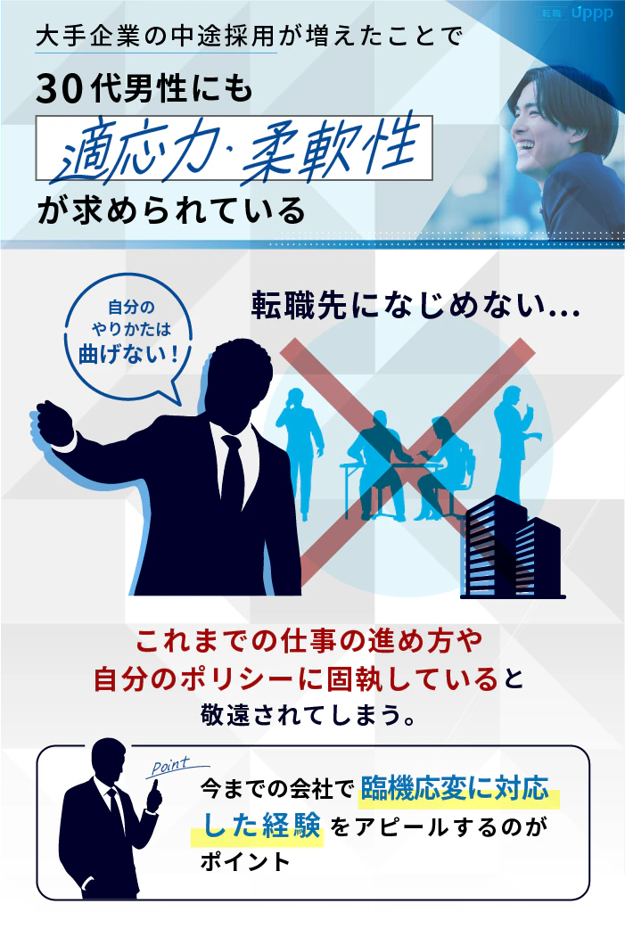大手企業の中途採用が増えたことで、30代男性にも適応力・柔軟性が求められている