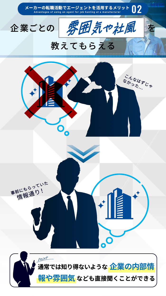 メーカーの転職活動でエージェントを活用するメリット2:企業ごとの雰囲気や社風を教えてもらえる