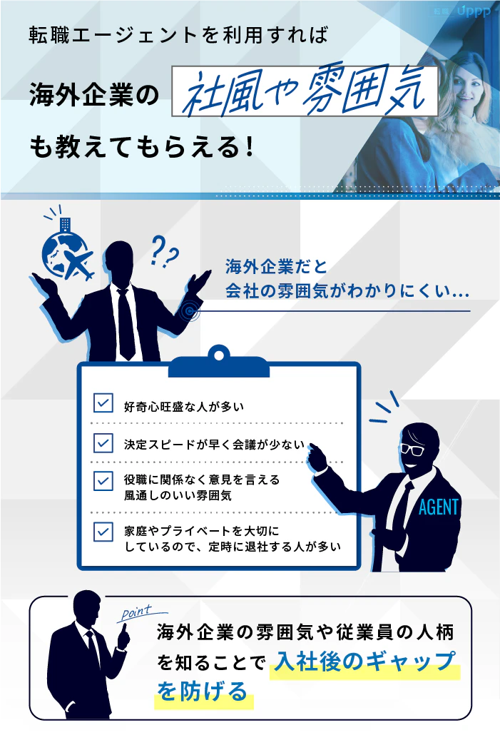 転職エージェントを利用すれば、海外企業の社風や雰囲気も教えてもらえる