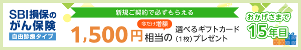 新規ご契約者さまにもれなく1,500円相当の選べるギフトカード（1枚）プレゼント - SBI損保のがん保険