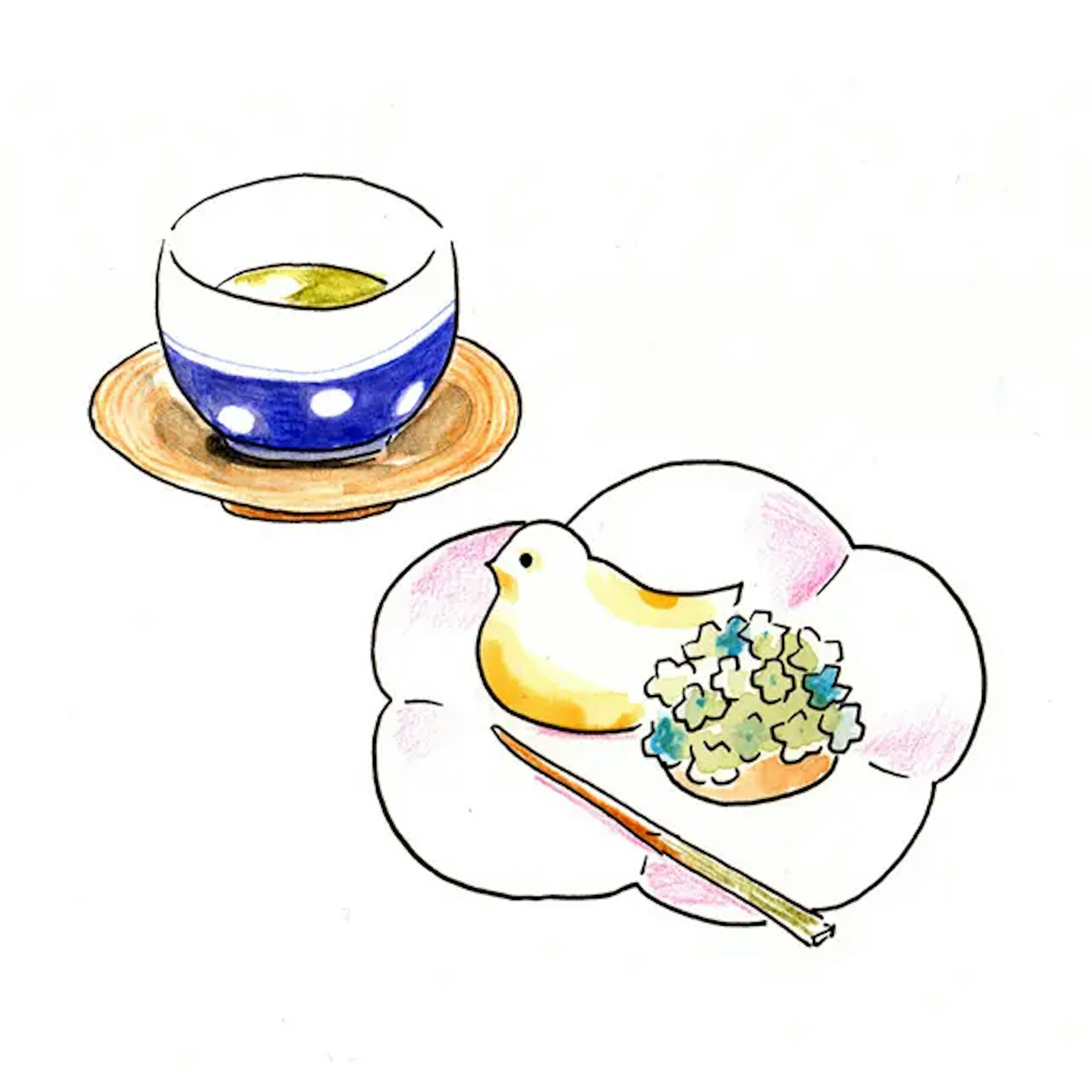 イラスト：鳩の和菓子と緑茶