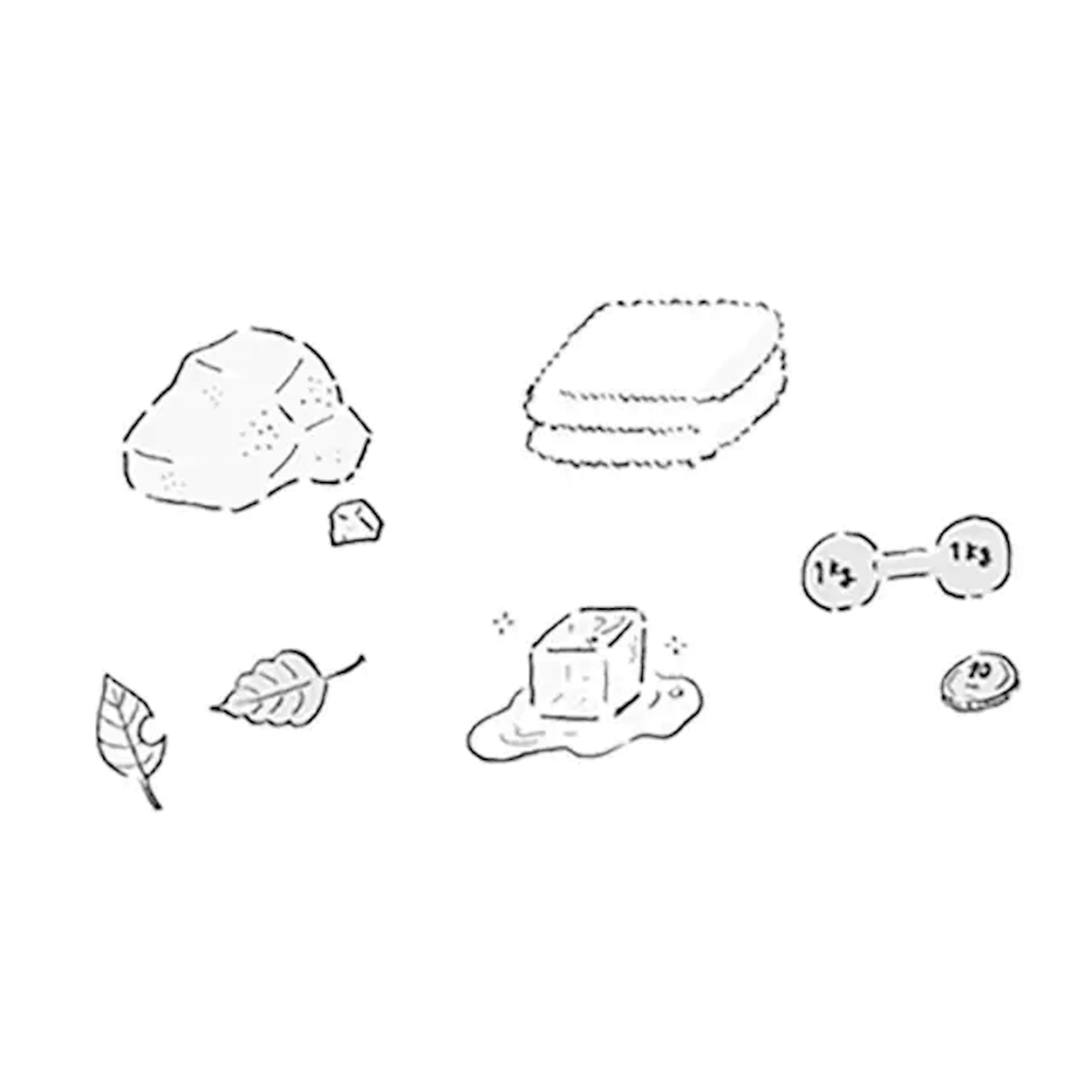 イラスト：石ころ、タオル、落ち葉、氷、ダンベル、10円玉