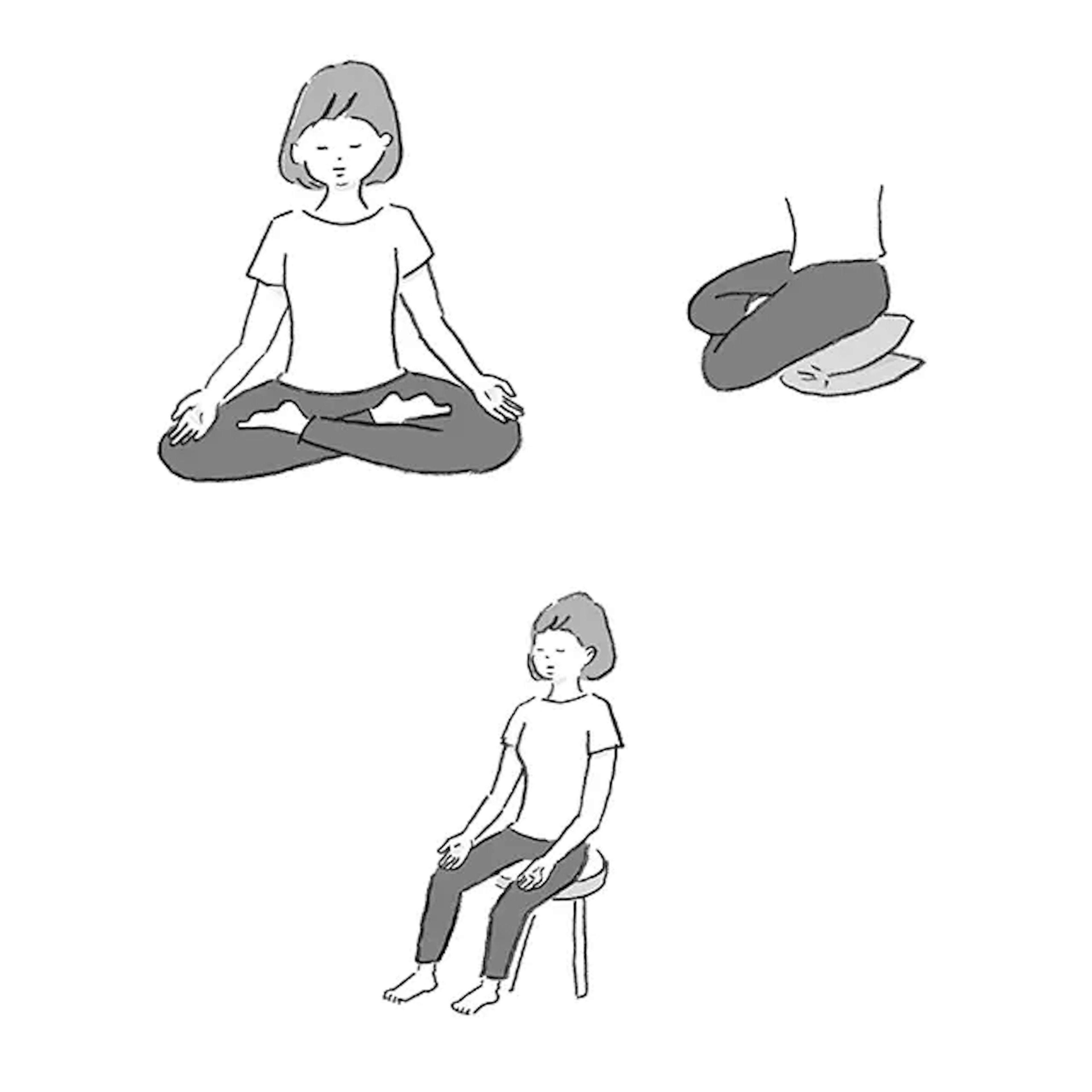 イラスト：あぐらの格好、椅子に座った格好で瞑想している様子